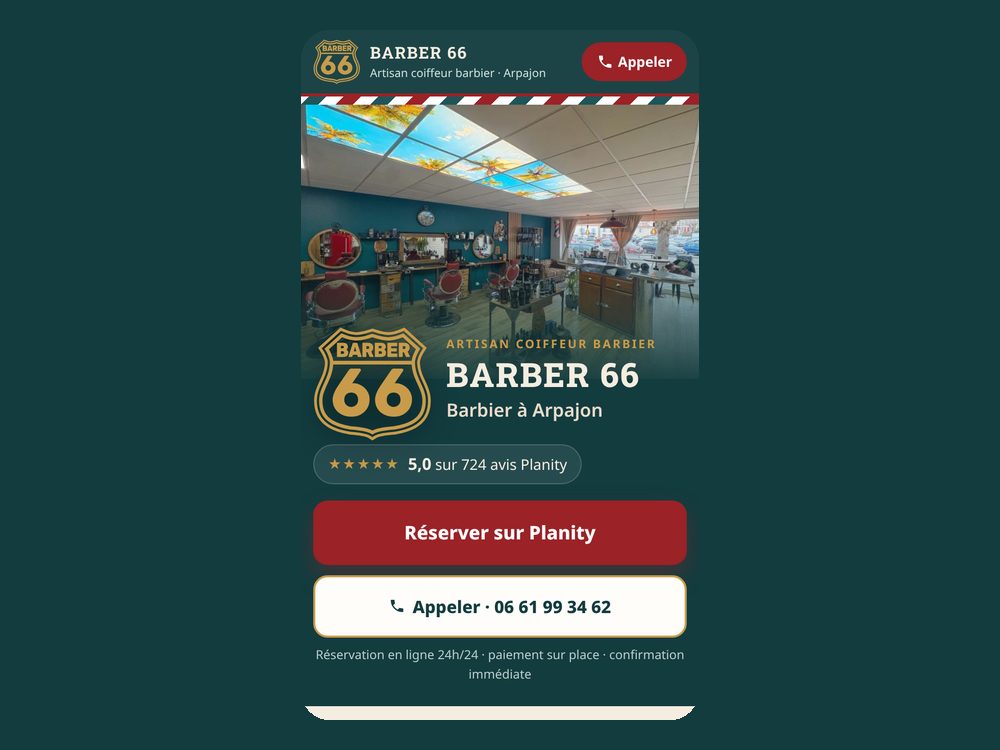 Page BARBER 66 affichée sur téléphone
